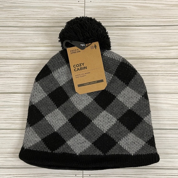 Field & Stream Cozy Cabin Gray and Black Plaid Knit Beanie Hat NWT - Picture 2 of 7